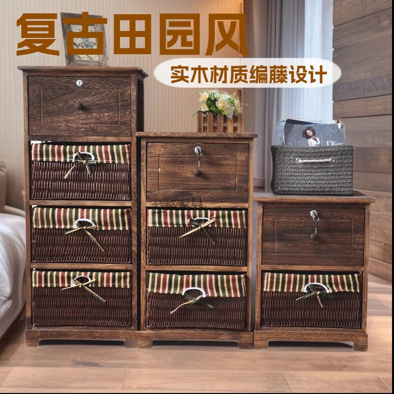复古田园实木藤编床头柜多功能
