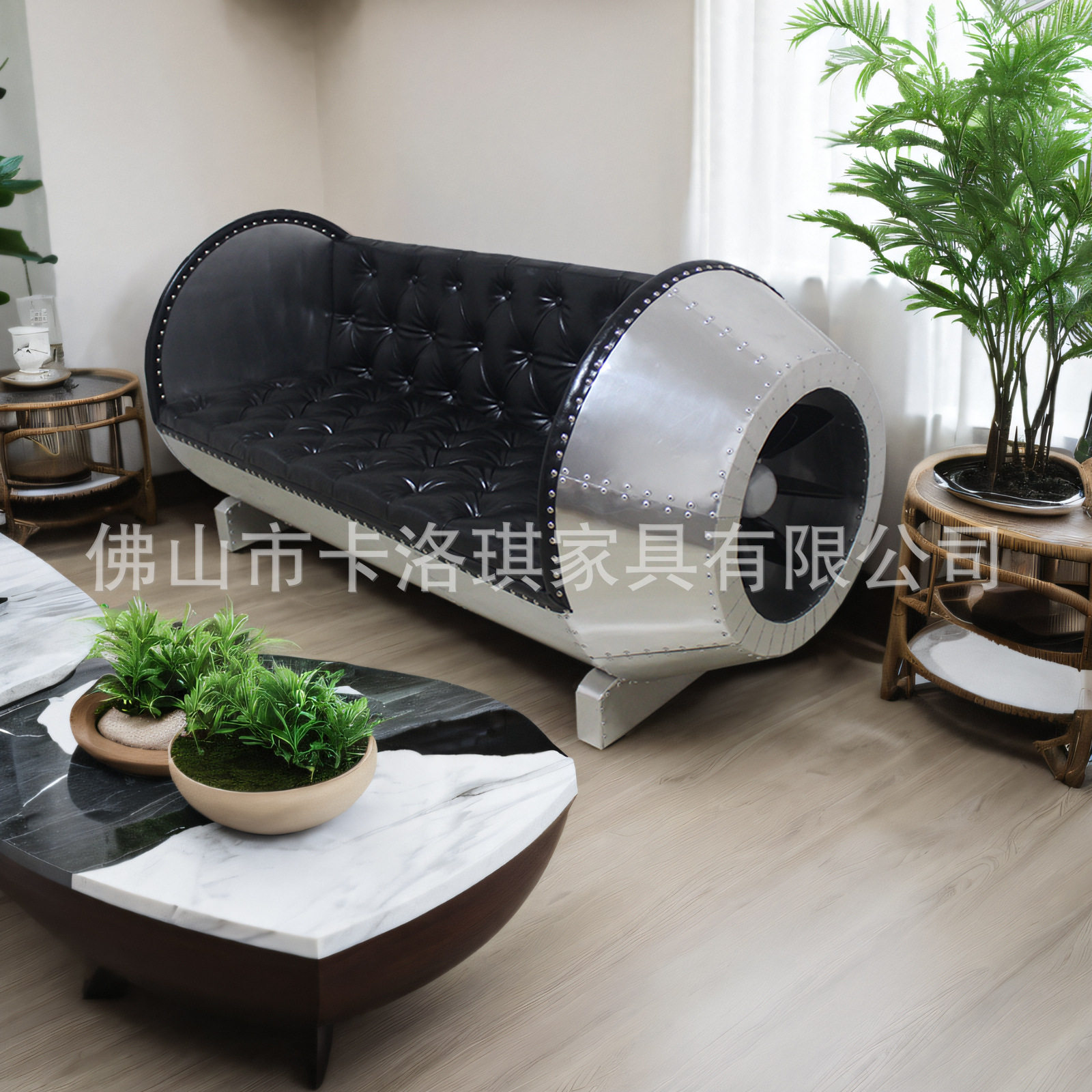 工业风复古飞机款铝皮皮艺沙发