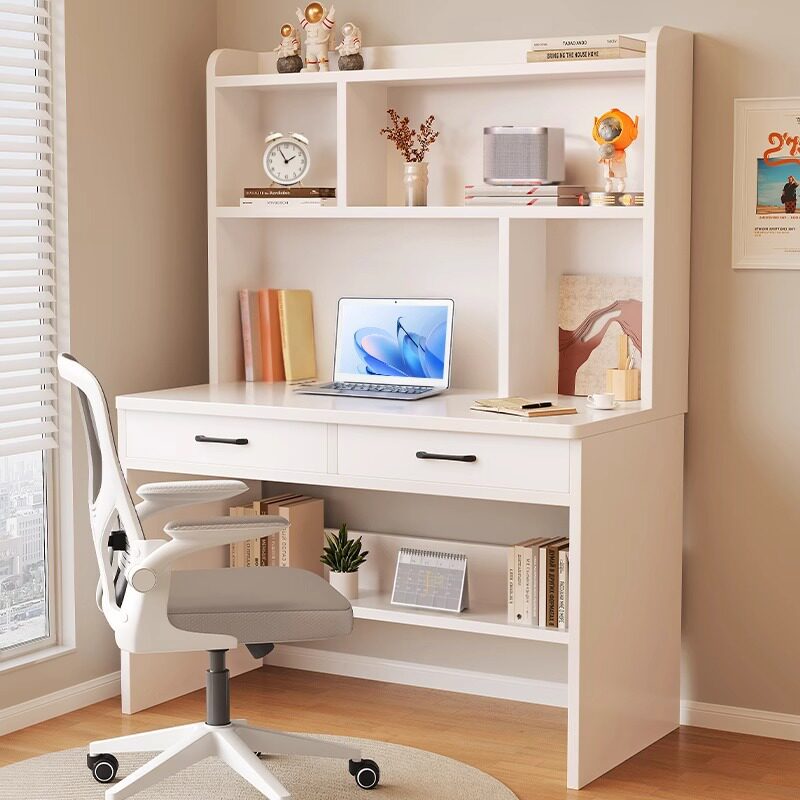 实木书桌书架一体卧室中小学生学习桌写字台奶油白色小尺寸电脑桌