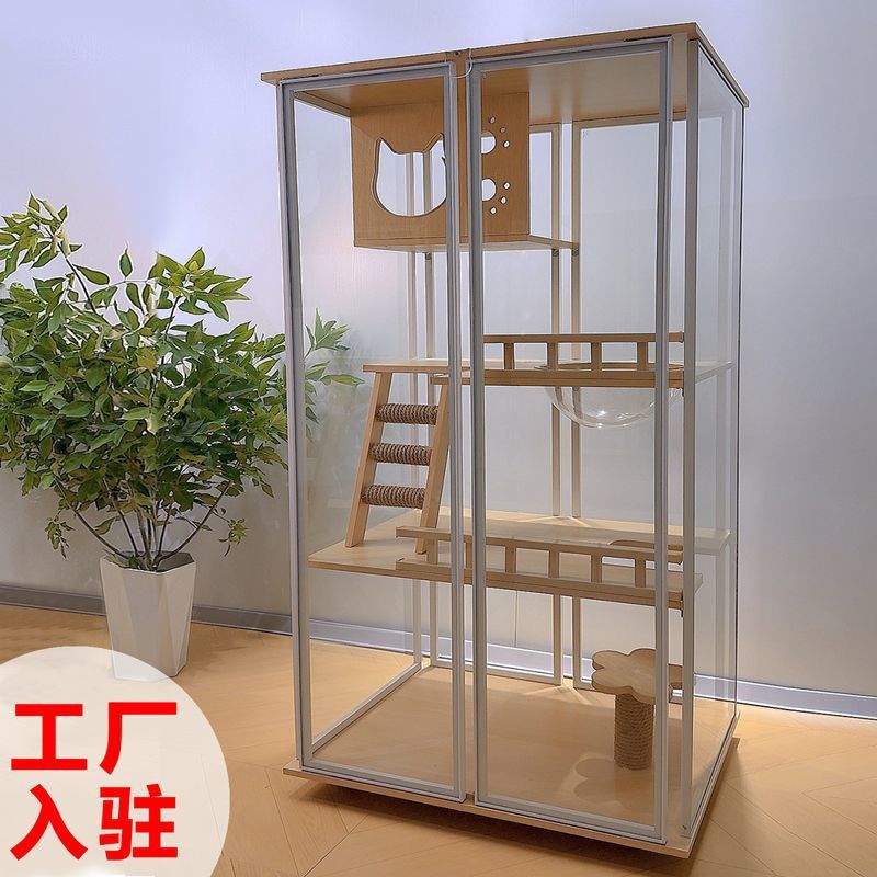新款豪华猫别墅双三层全景透明猫笼子实木超大繁殖笼室内家用猫柜
