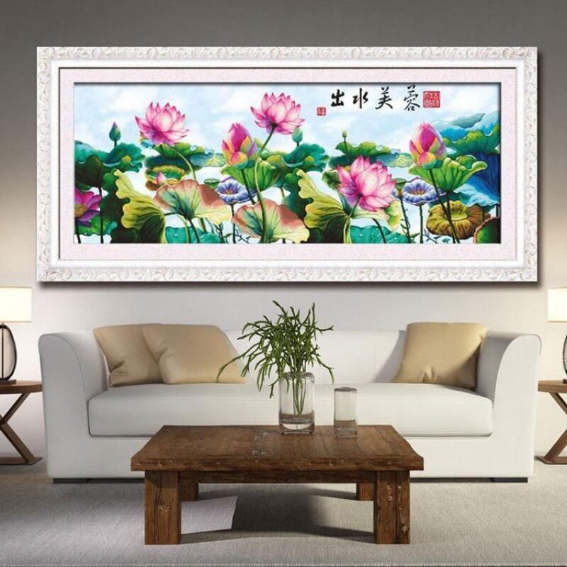 出水芙蓉十字绣新款大幅客厅卧室花卉荷花图大格满绣手工自己绣