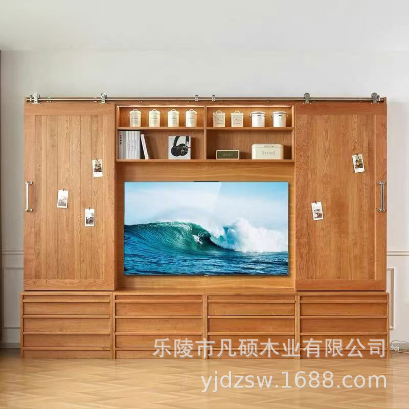 北美樱桃木满墙组合展示柜 北欧全实木高柜 落地靠墙书架暖仓书柜