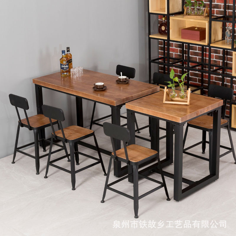 美式复古实木餐桌 咖啡厅酒吧loft铁艺桌椅主题餐厅工业风小方桌
