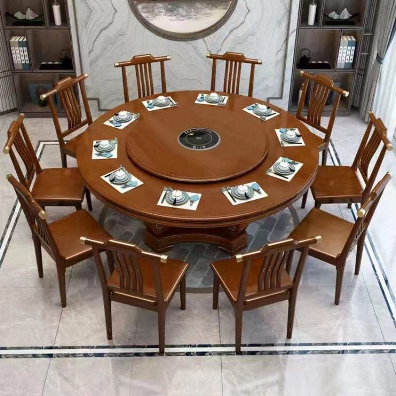 新中式实木圆桌椅组合带转盘餐桌家用农村电磁炉吃饭桌饭店大圆台