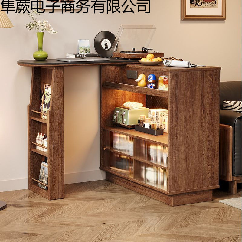 新款实木吧台桌子家用阳台休闲可伸缩小户型隔断窄岛台餐边柜一体