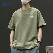 绿色小熊图案学生重磅纯棉宽松透气半袖 回力青少年短袖 t恤男夏季