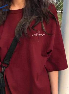 回力酒红色t恤男女同款重磅纯棉长袖马年本命年衣服宽松正肩短袖Y