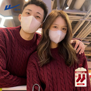 回力酒红色情侣款 绞花麻花纹圆领正肩马年本命年衣服Z 毛衣男冬季