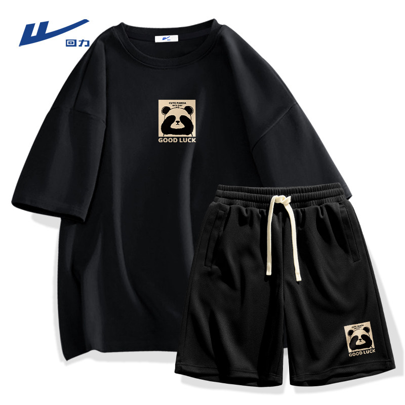 回力运动短袖短裤套装男夏季青年国潮熊猫全棉圆领透气两件装薄Y