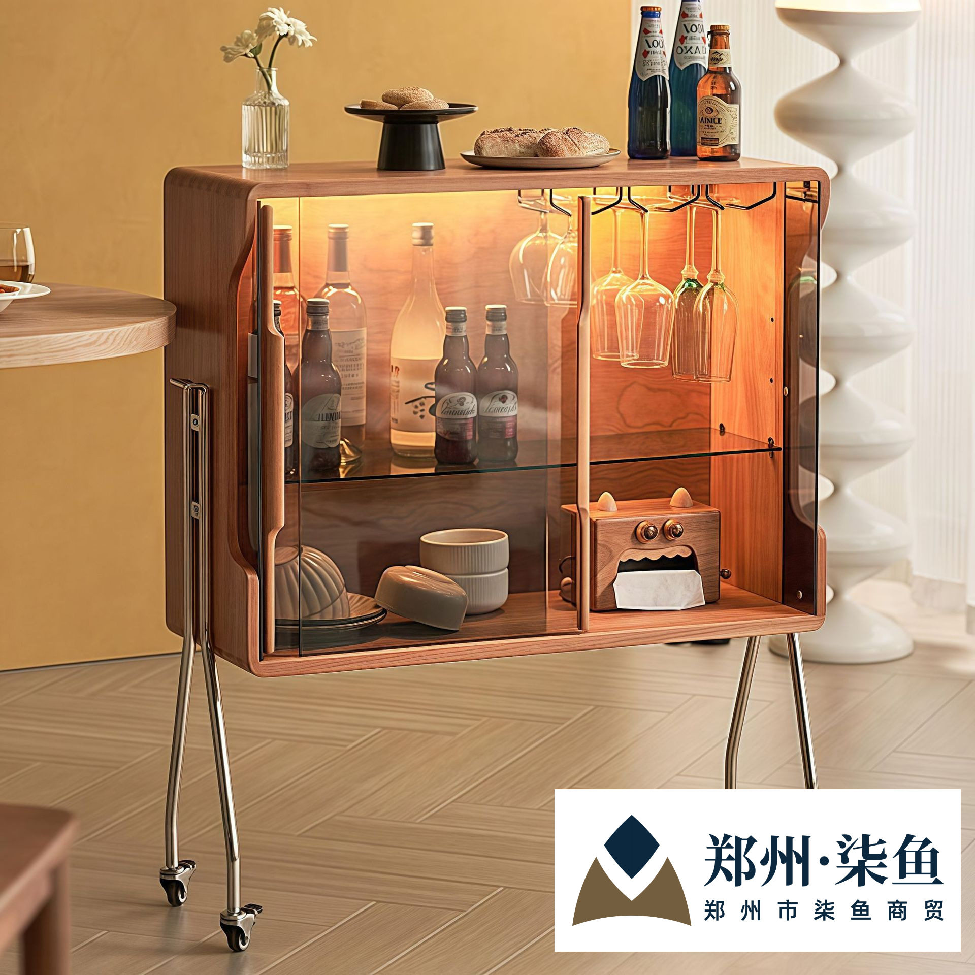 中复古客厅可移动玻璃小酒柜沙发展示餐边靠墙收纳玄关储置物架子