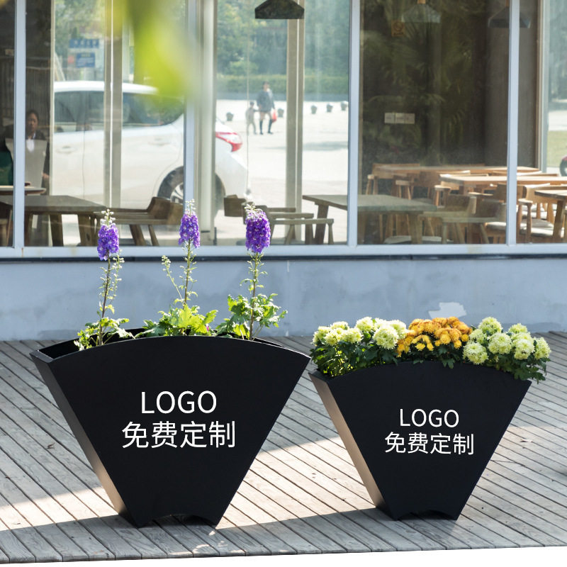简约室外花槽组合 广场带logo铁艺花箱绿植装饰种植户外花架花台