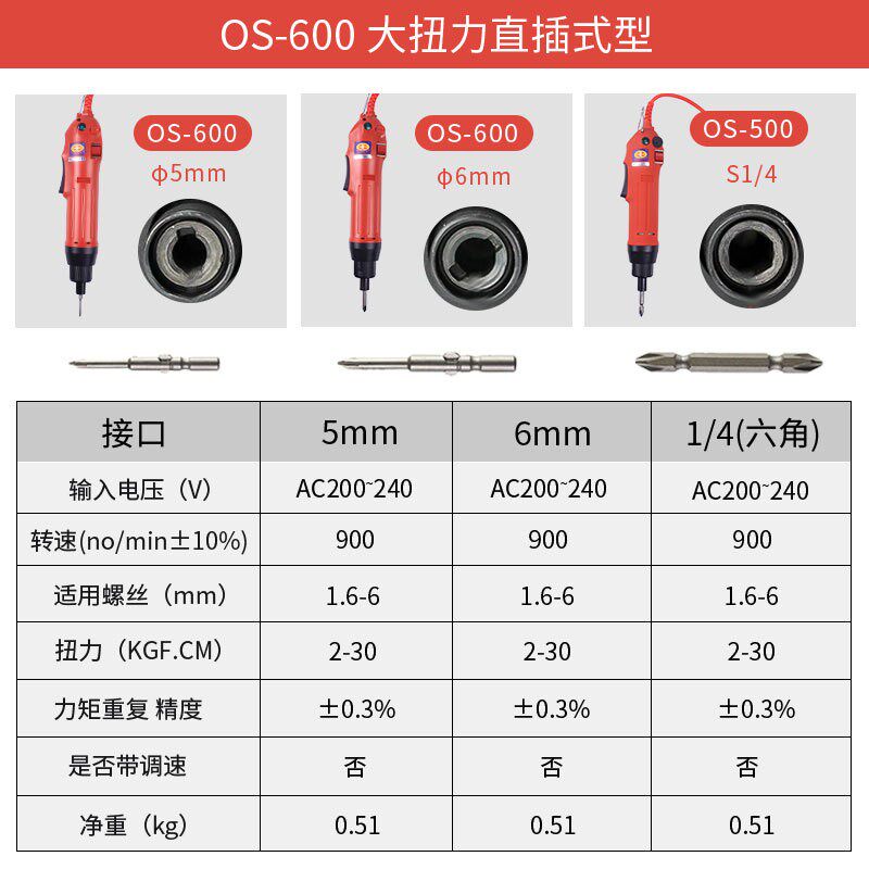 欧神OS-600电动起子500电批S1/4内六角起子头801直插式电动螺丝刀
