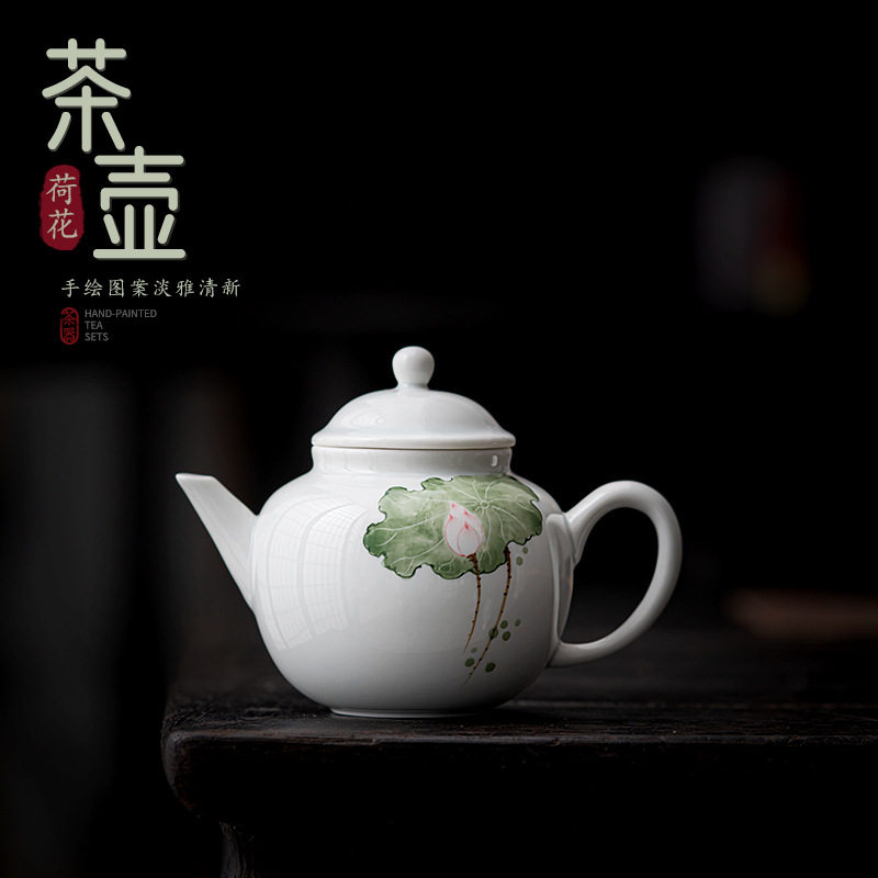 中式陶瓷茶壶带球孔过滤茶水壶釉下彩荷花泡茶单壶德化白瓷手把壶图片