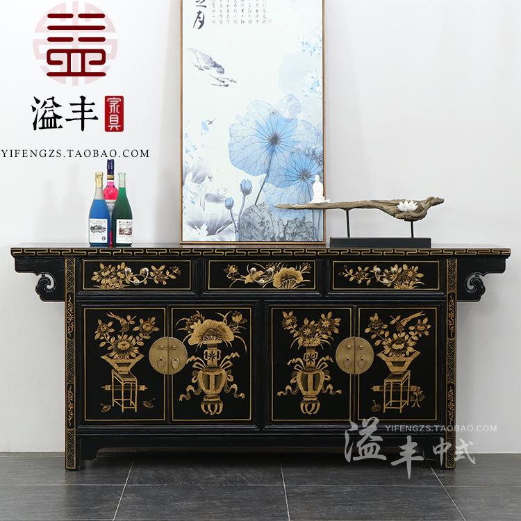 中式仿古漆器家具实木手绘餐边柜入户描金玄关柜装饰客厅储物鞋柜