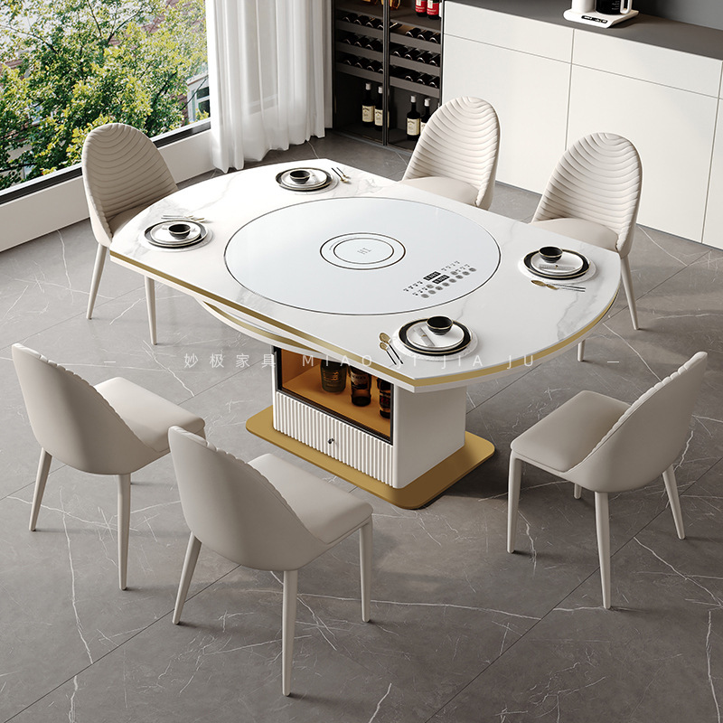 多功能岩板餐桌家用小户型轻奢现代简约可伸缩圆形内嵌转盘电磁炉