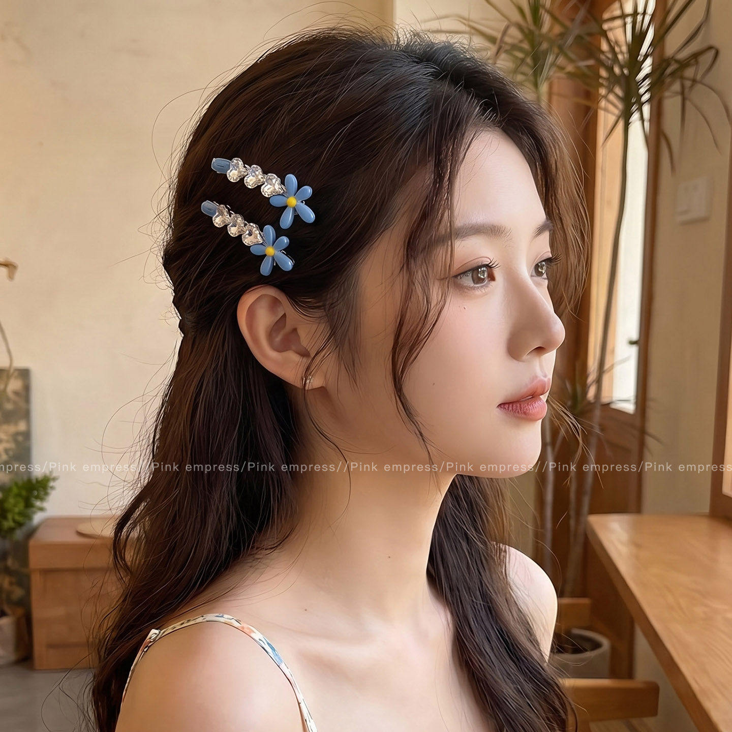 爱心花朵蓝色边夹女碎发刘海夹气质鸭嘴夹高级感前额侧边发夹头饰