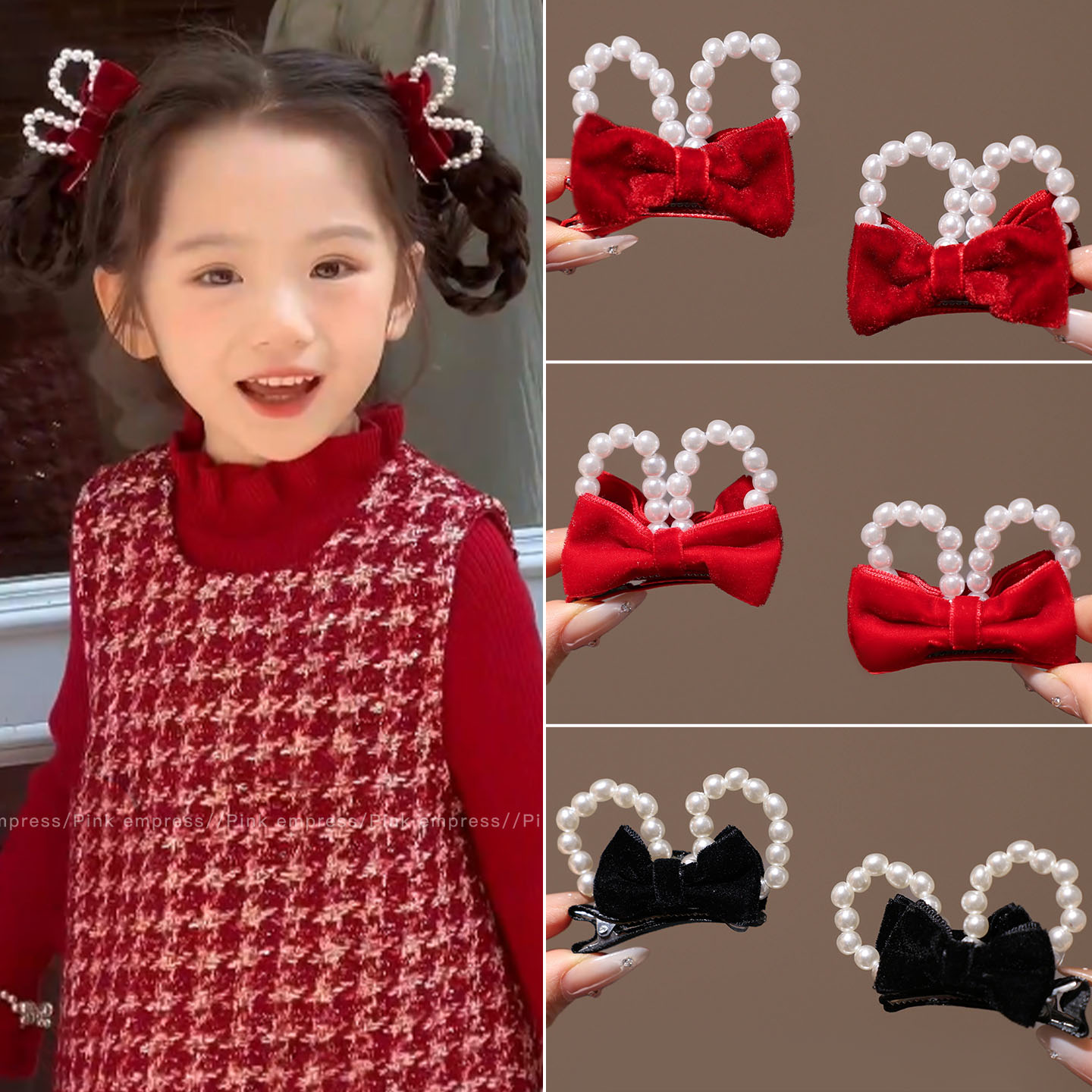 儿童红色丝绒兔耳发夹女童刘海夹子公主头蝴蝶结顶夹新年喜庆头饰