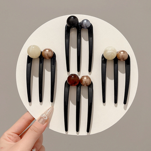 法式复古三齿珍珠女士发簪新款简约高级感后脑勺盘发神器发卡发饰