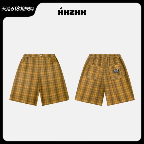 XXZXX潮牌格纹牛仔短裤男女宽松