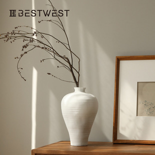 bestwest中古风花瓶陶瓷白色宋代美学摆件陶罐复古水培插花艺术感