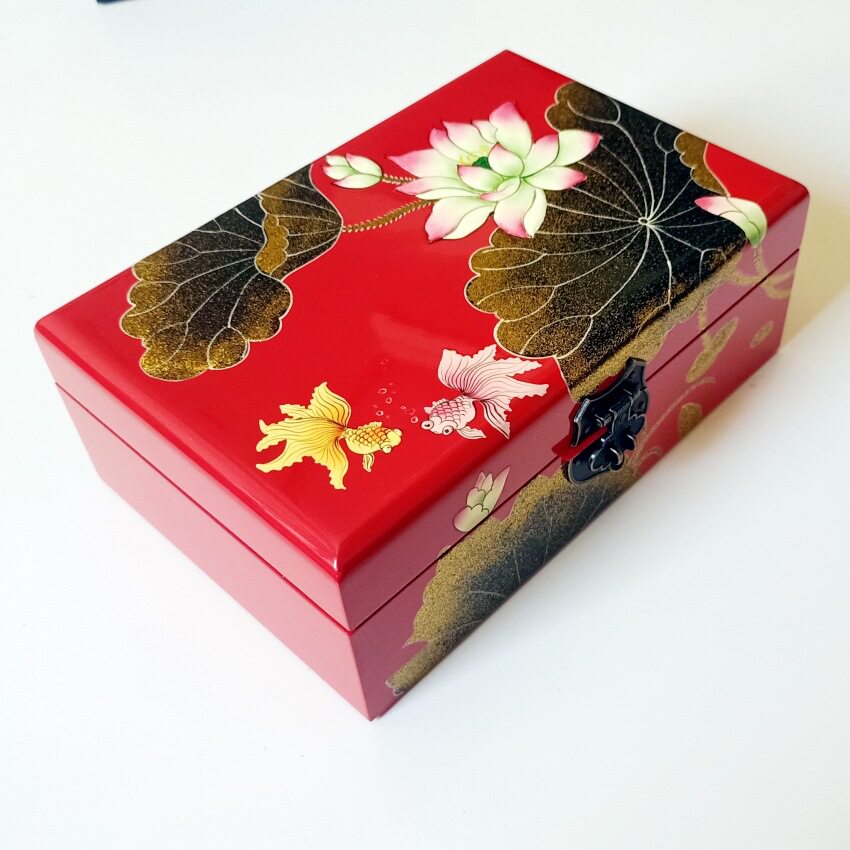 推光漆器高堆玉兰饰品盒 手工漆画莲花首饰盒 婚礼婚庆珠宝收纳盒