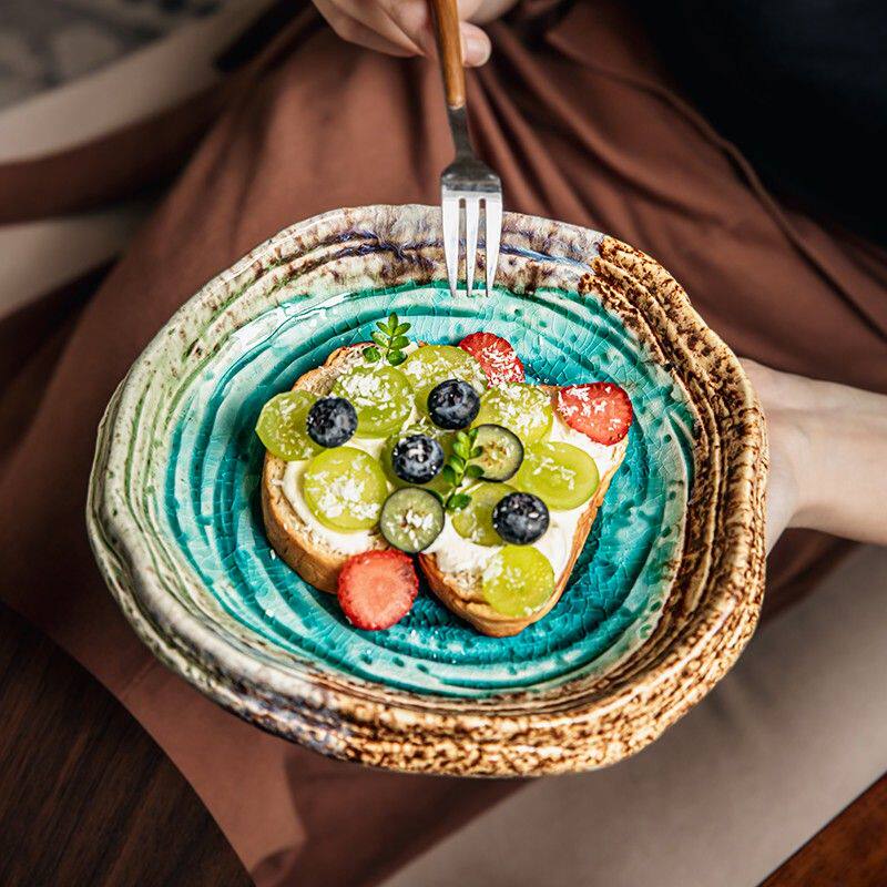 小悠家〖一眼心动〗7英寸冰裂纹异形沙拉盘复古陶瓷菜盘酒店餐盘
