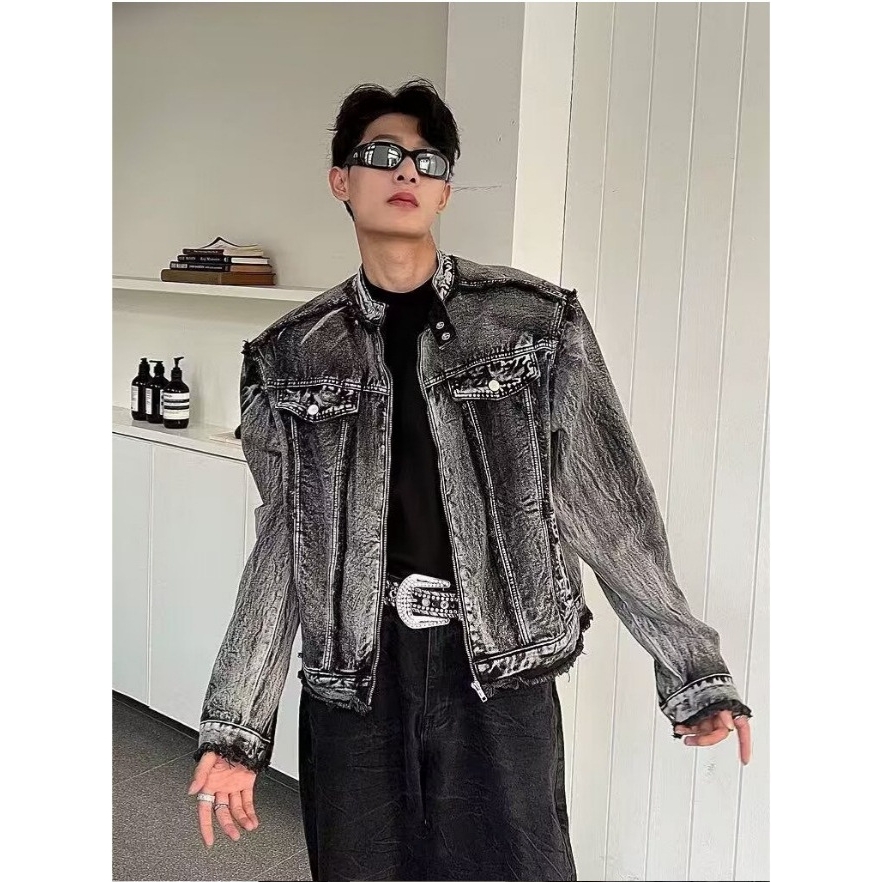 欧洲站美式短款牛仔外套男高级感痞帅发型师潮牌男装垫肩立领牛仔