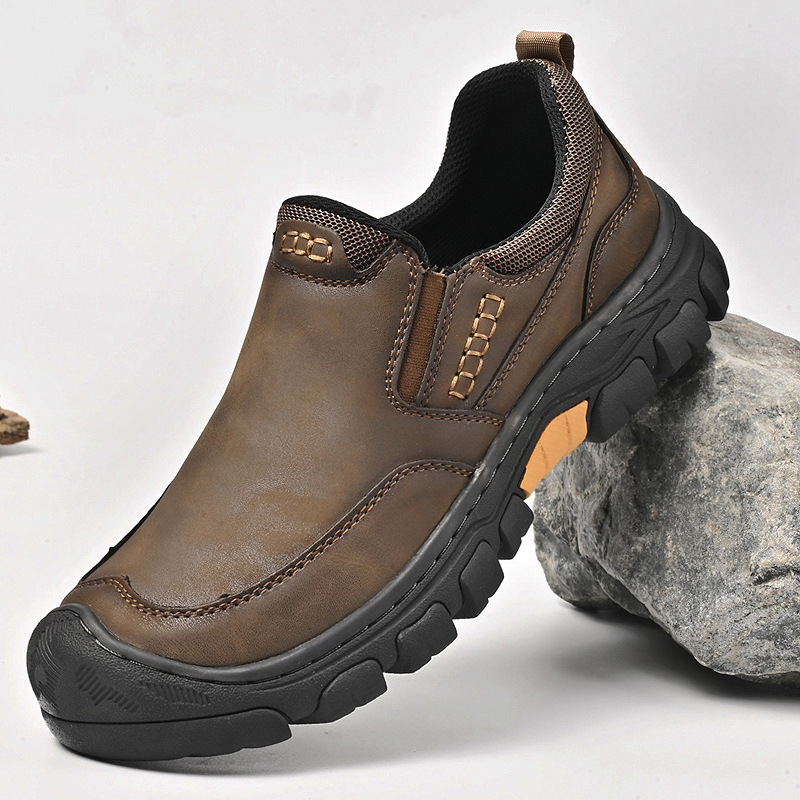 欧洲站独立站爆款男士PU橡胶厚底户外徒步鞋耐磨防滑休闲皮鞋