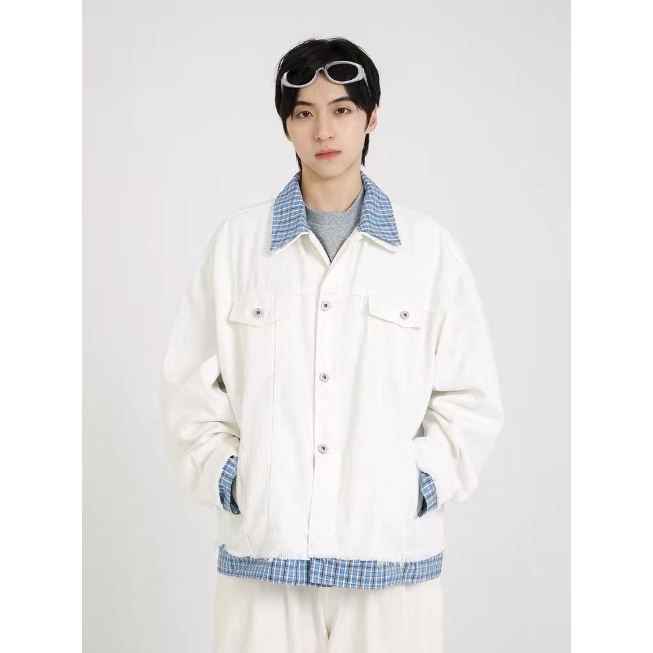 欧洲站假两件牛仔拼接翻领外套男女解构设计感cleanfit潮牌休闲情