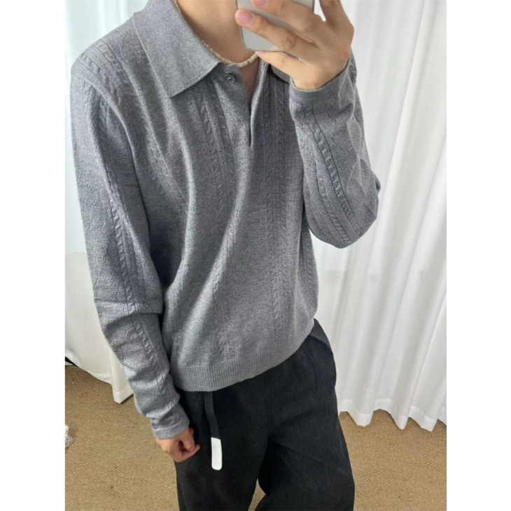 欧洲站高品质麦穗提花Polo衫 cleanfit设计感男复古条纹轻奢长袖