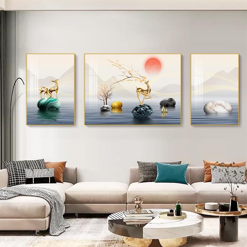 网红客装饰画现代轻景奢厅福鹿墙画简约三M壁联画北欧气沙发背大图片