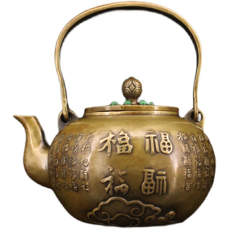 古玩收藏老纯铜全铜纯手工打造镶嵌宝石茶壶百福V壶手提壶水壶