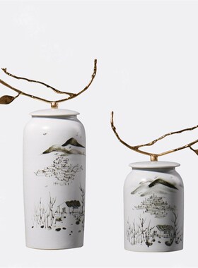 新中式手绘陶瓷罐子摆设酒店会所售楼处橱柜软装S饰品样板房间摆