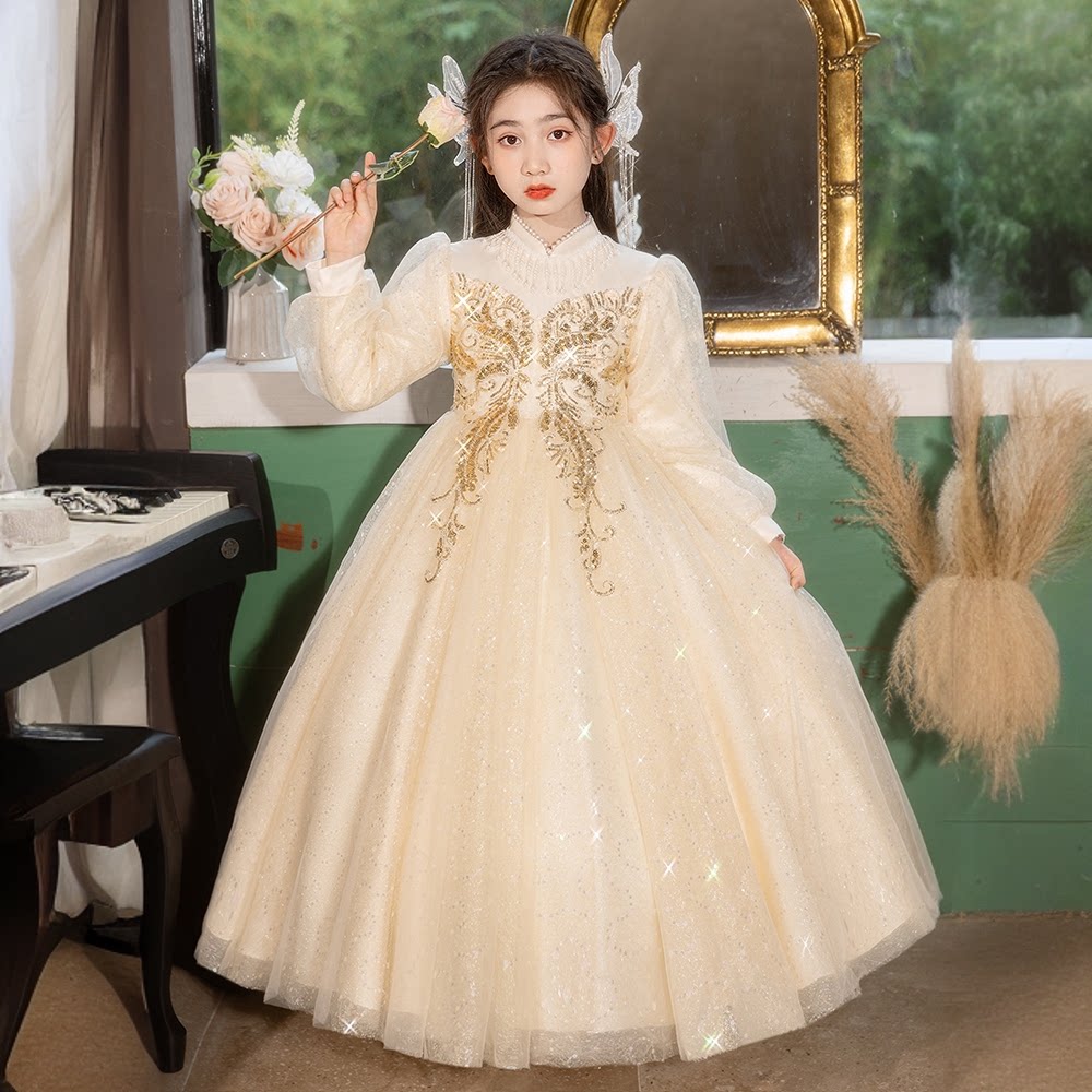 女童公主裙生日秋冬高级婚纱花童连衣裙儿童主持人钢琴走秀礼服裙