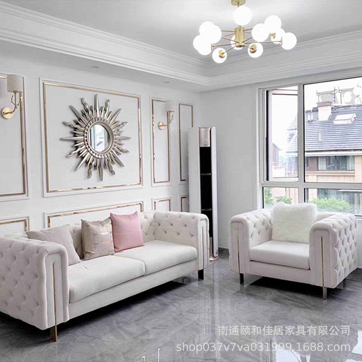美式轻奢布艺拉扣沙发别墅客厅现代简约小户型绒布靠背休闲沙发