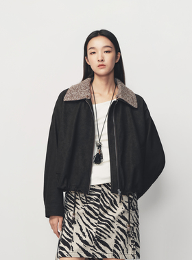 AVVENN拼接毛织领结构撞色细节下摆抽绳短夹克外套AK10105548