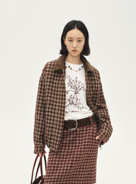 AVVENN绵羊皮领红色小细格子夹克短外套AL90105553