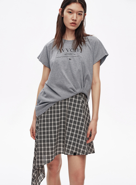 AVVENN设计师款拼接不对称格纹裙摆圆领短袖连衣裙AL31101697