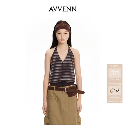 AVVENN咖色条纹系带挂脖开襟提花背心 AK31202579
