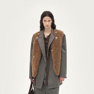 AVVENN复古V领棕咖里外两穿纽扣胸针马夹AL90701570