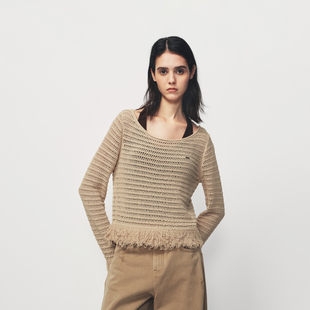 AVVENN微斜肩下摆流苏串珠细节镂空针织真两件毛衫AK10601649