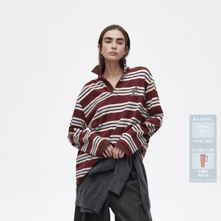 AVVENN设计师款 宽松T恤AL11001520 撞色复古条纹Polo领长袖