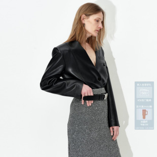 AVVENN内置垫肩无领PU西装 外套AM70101810