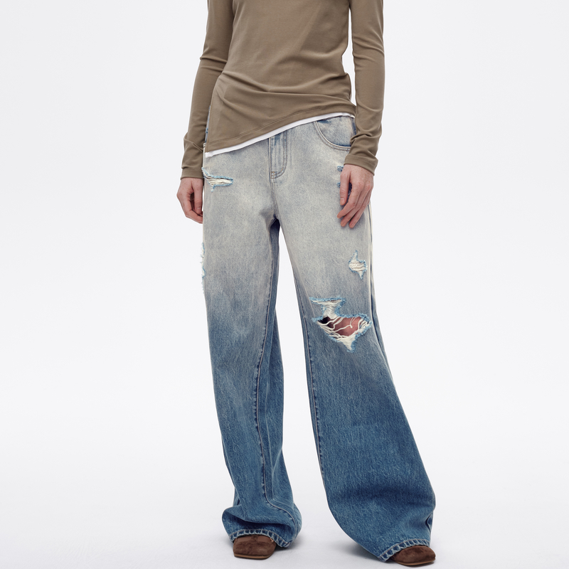 AVVENN设计师款破洞水洗渐变前卫个性牛仔裤AL11302593