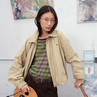 AVVENN卡其色下摆抽褶花苞造型宽松翻领短外套AK10110768