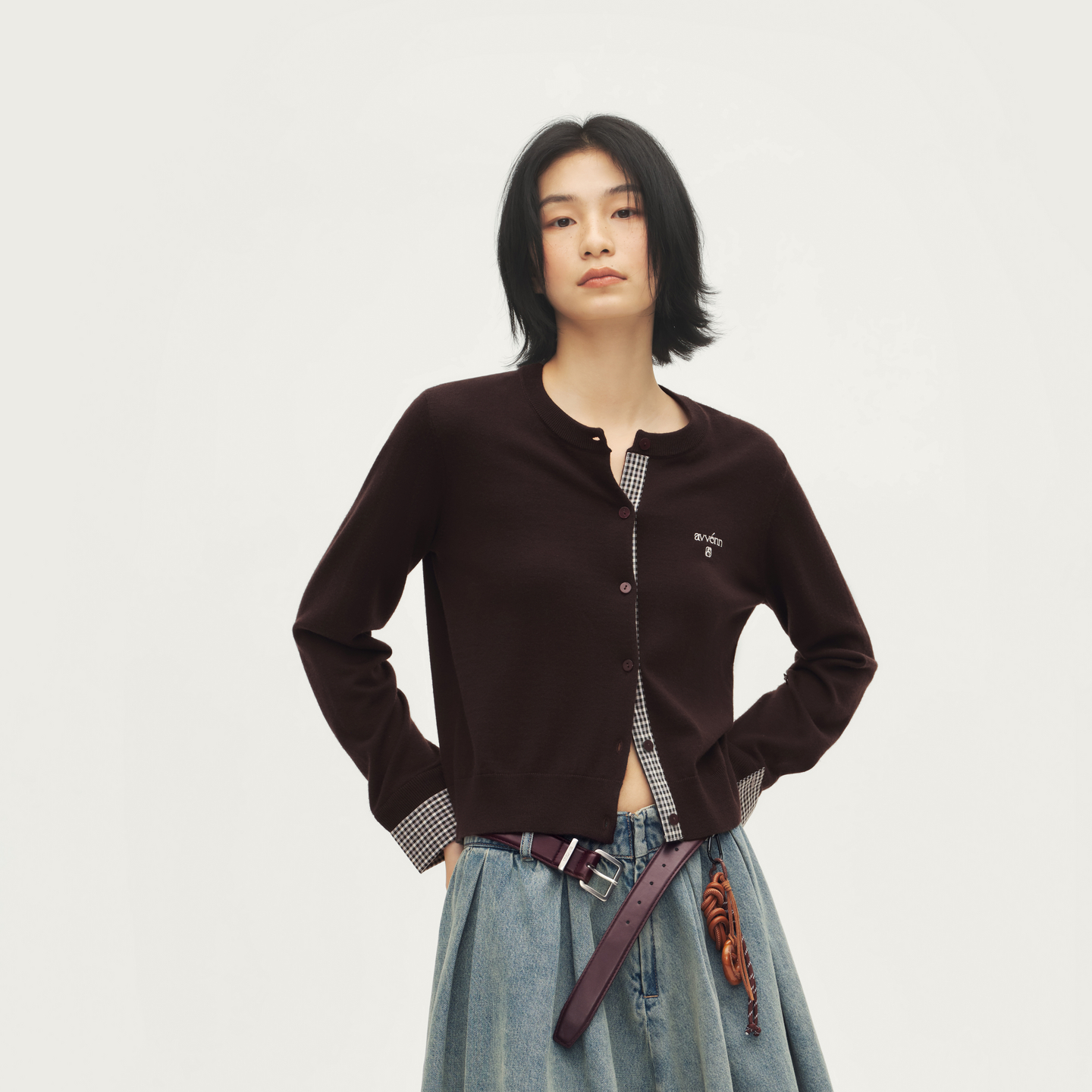 AVVENN设计师款宽松叠穿显瘦深咖毛衣开衫针织衫AL72801570