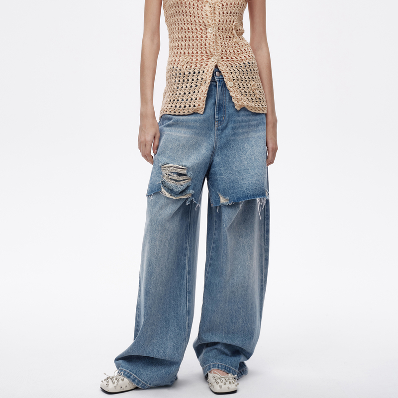 AVVENN设计师款磨破做旧复古时尚假两件前片牛仔裤AL11302605