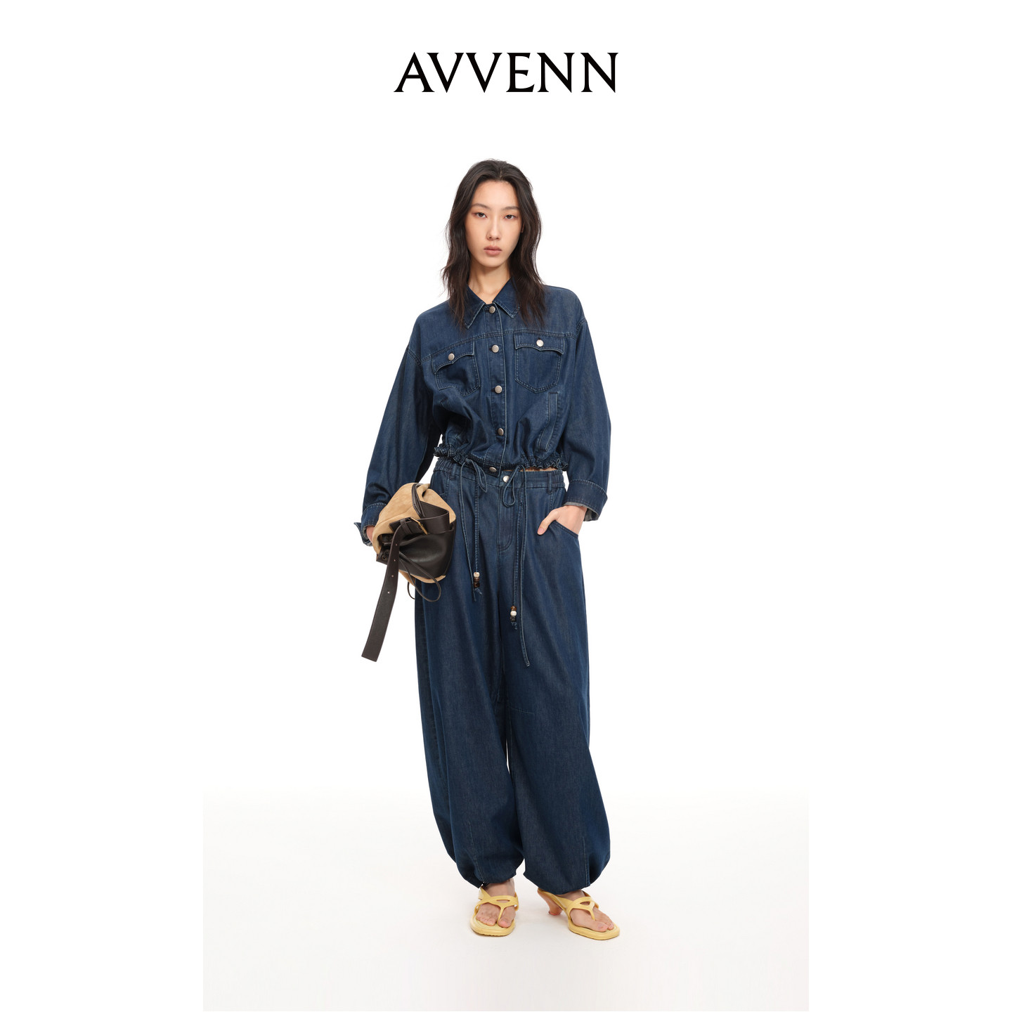 [3期免息]AVVENN下摆抽绳设计902复古版型宽松牛仔套装AK70903538
