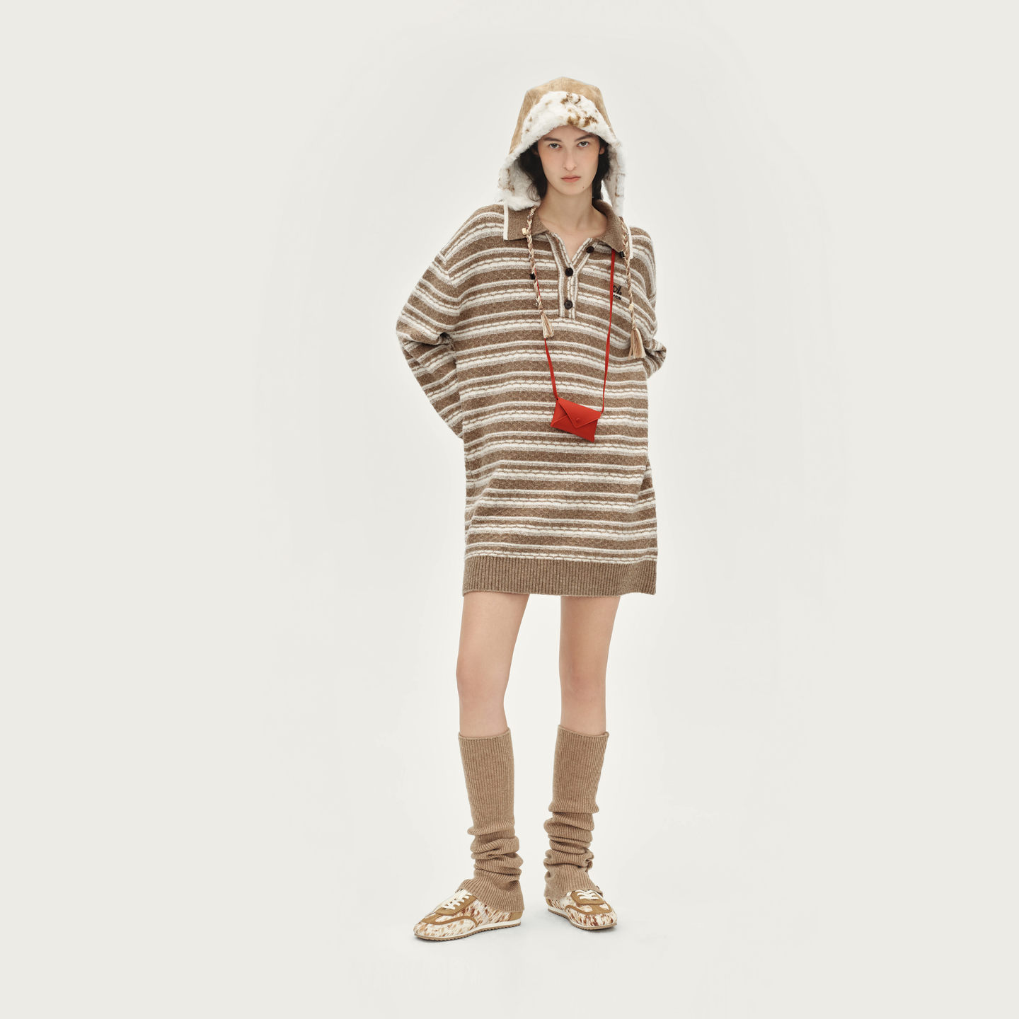 AVVENNpolo领条纹针织撞色扣面带袜套连衣裙AL91103585