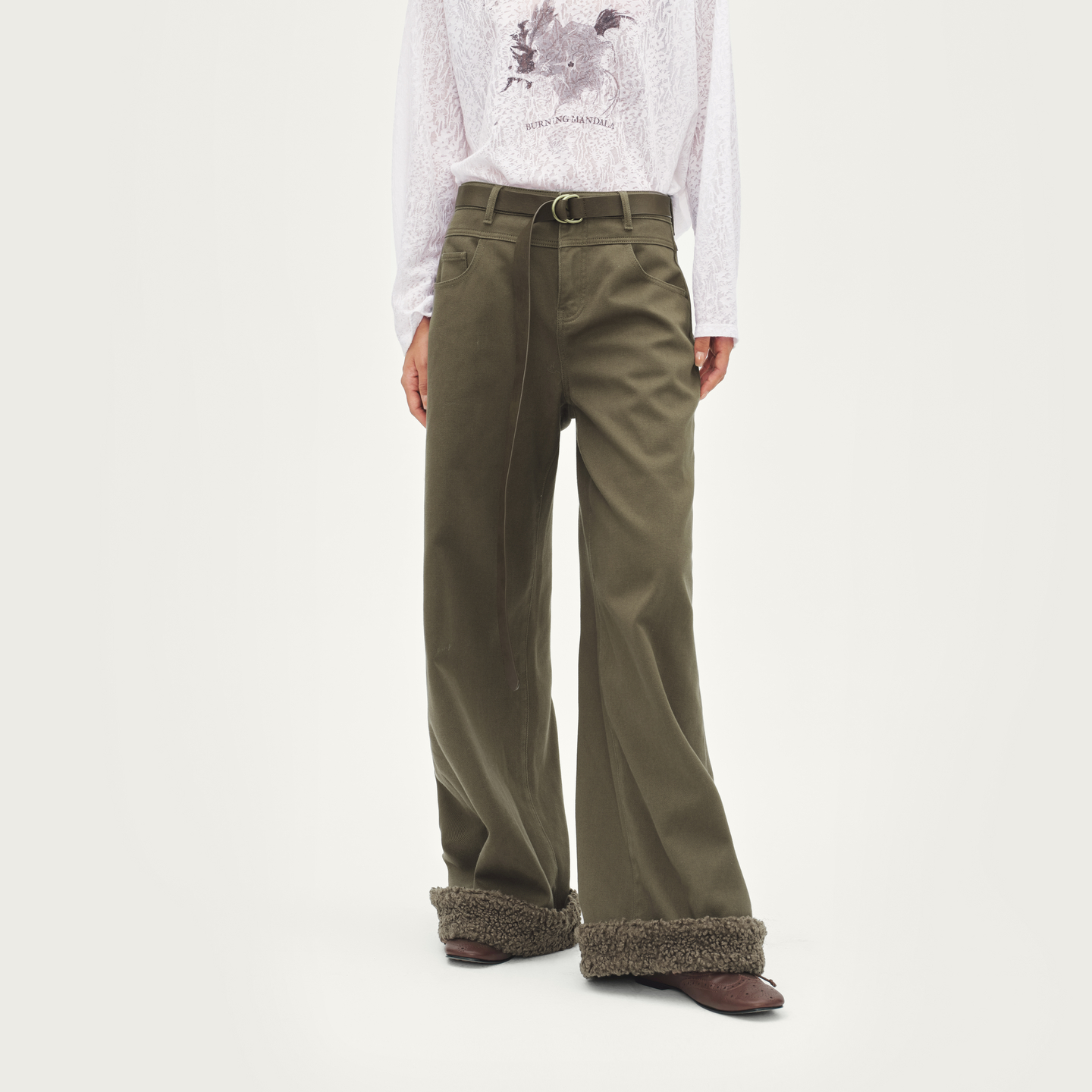 AVVENN薄绒内里脚口毛翻边牛仔阔腿裤灰绿色时髦百搭AL91302624